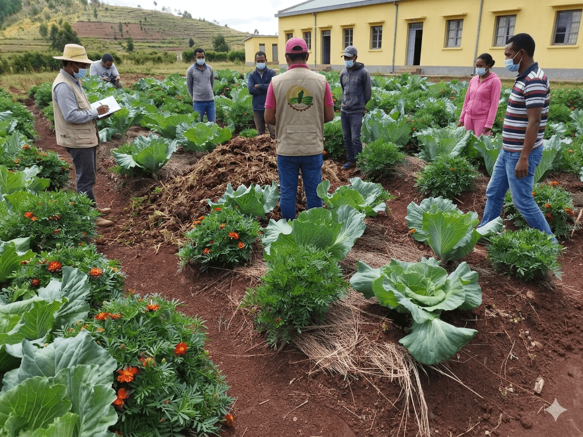 Agent de vulgarisation accompagnant des producteurs lors d’une démonstration agricole